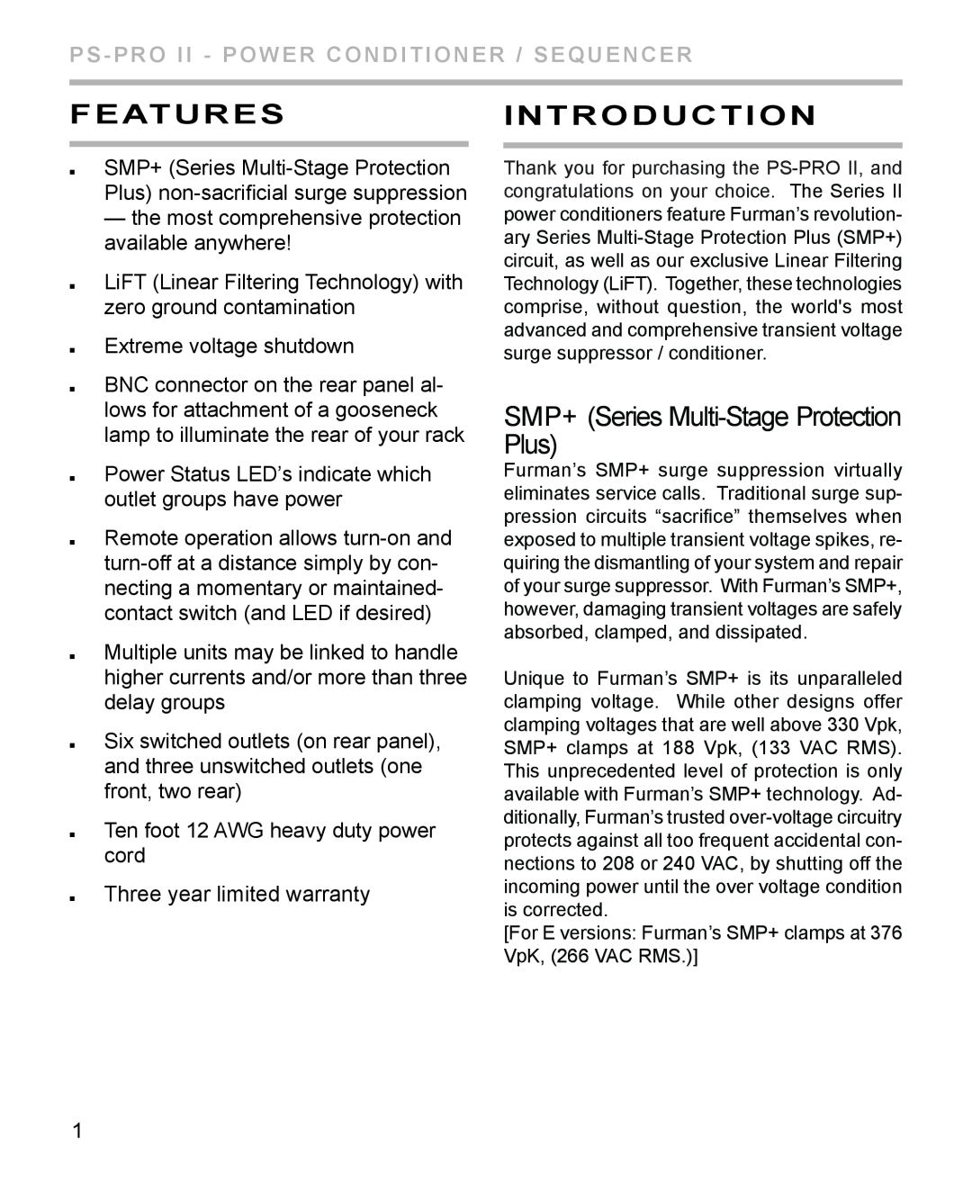 Furman Sound PS-PRO II manual Features, Introduction, SMP+ Series Multi-Stage Protection Plus 