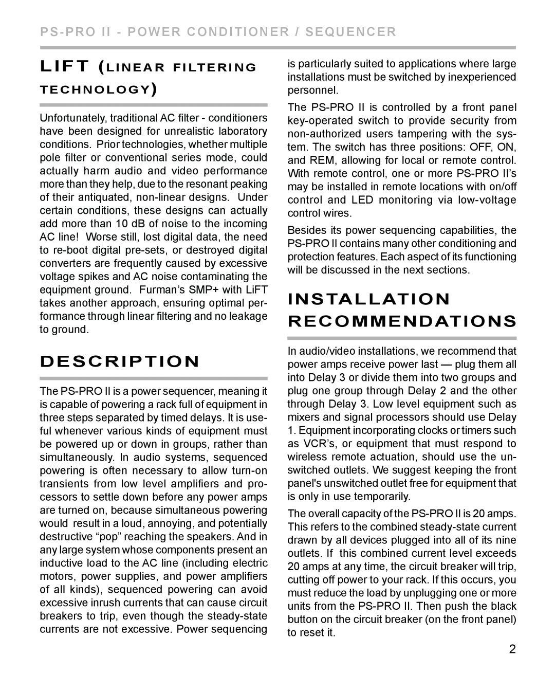 Furman Sound PS-PRO II manual Description, installation recommendations, PS - PRO II - POWER CONDITIONER / sequencer 