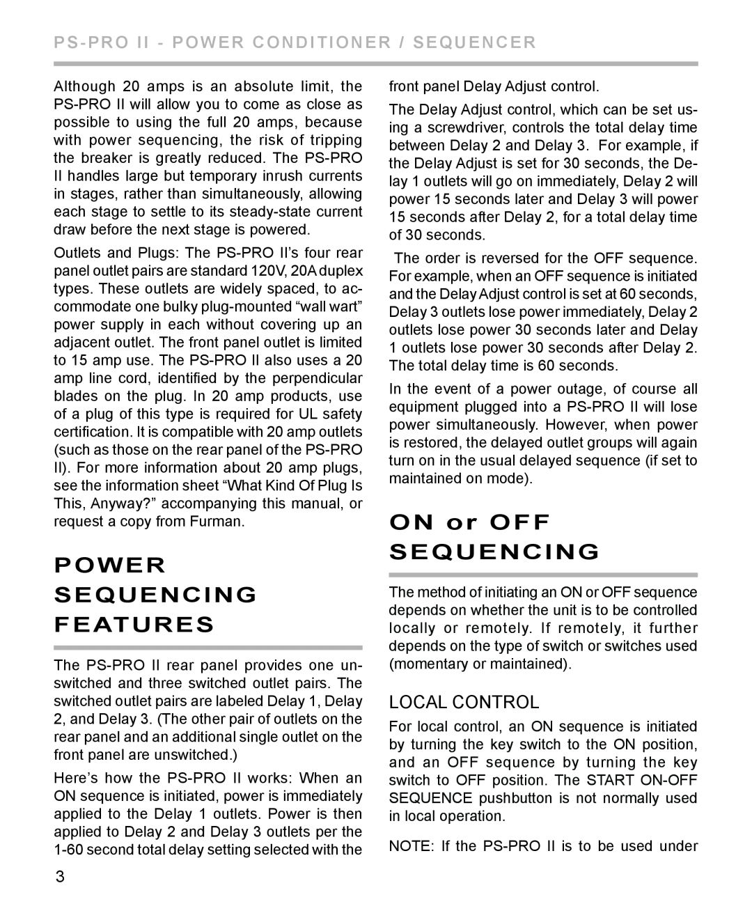 Furman Sound PS-PRO II manual Power Sequencing Features, ON or off sequencing, local control 