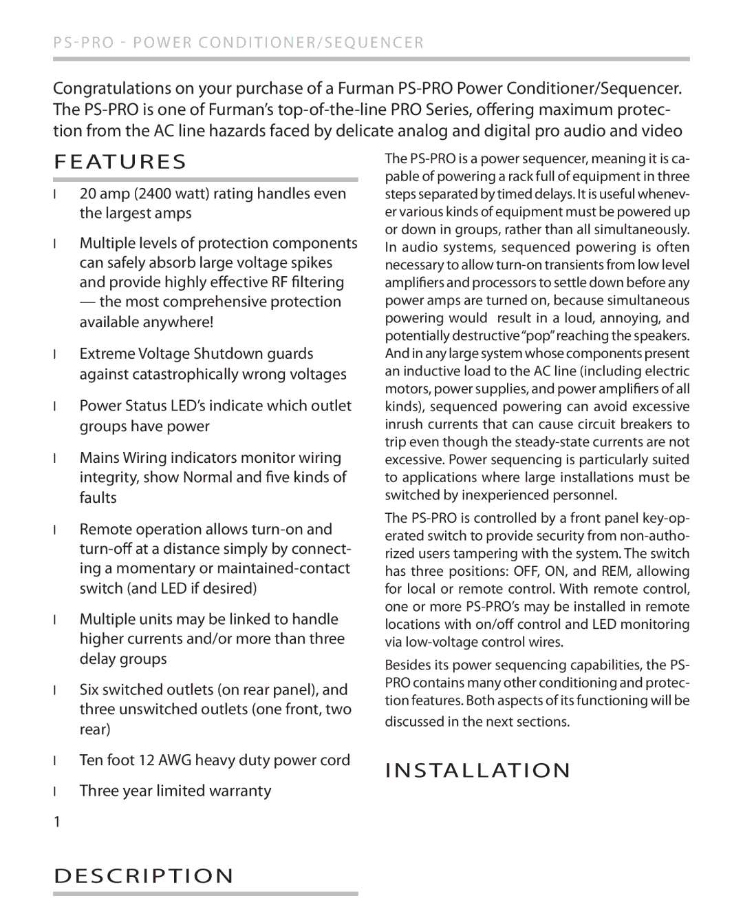 Furman Sound PS-PRO manual Features, Installation Description 