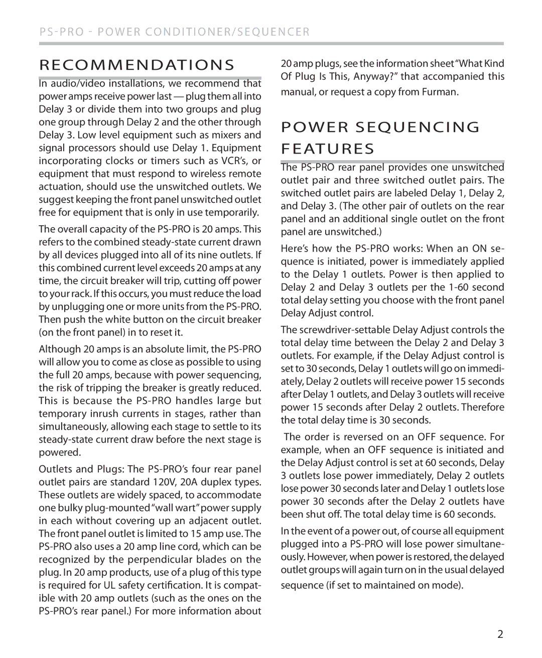 Furman Sound PS-PRO manual Recommendations, Power Sequencing Features 