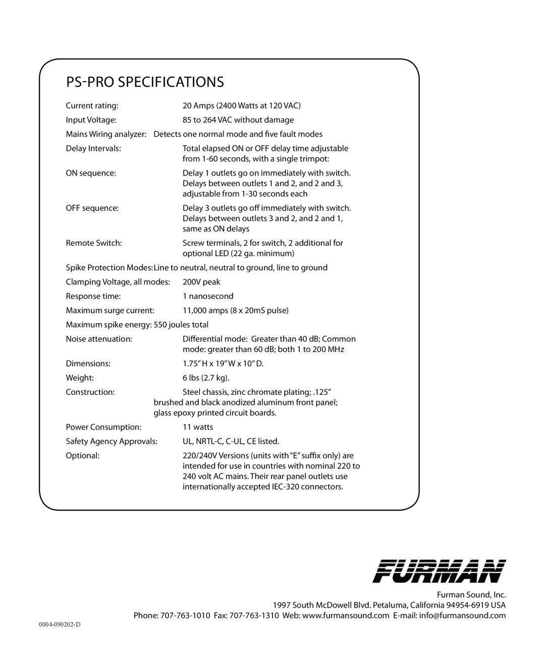 Furman Sound PS-PRO manual Ps-Pro Specifications 