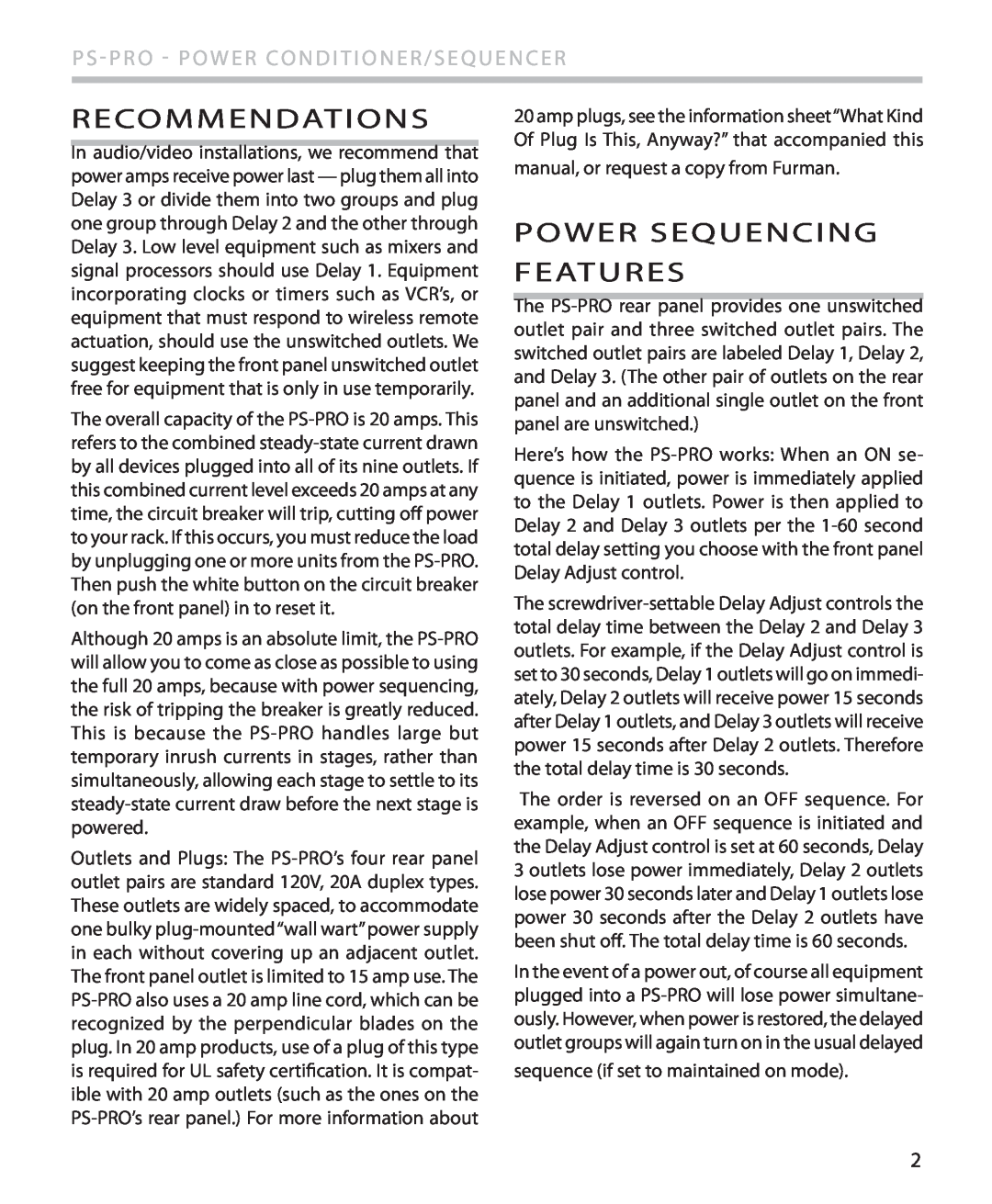 Furman Sound PS-PRO manual Recommendations, Power Sequencing Features, Ps - Pro - Power Conditioner/Sequencer 