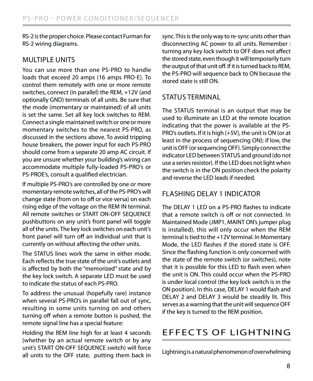 Furman Sound PS-PRO manual Effects Of Lightning, Multiple Units, Status Terminal, FLASHING DELAY 1 INDICATOR 
