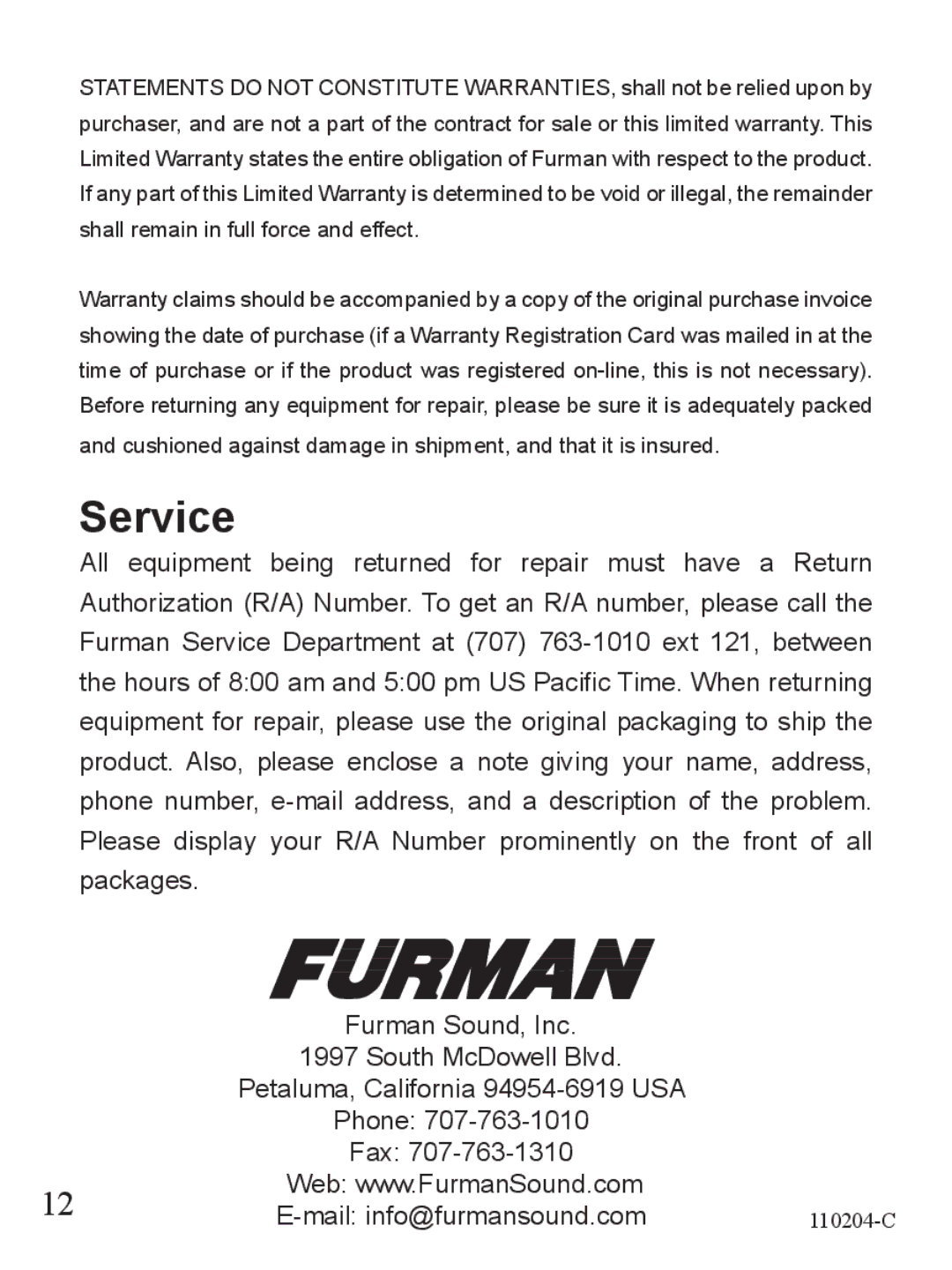 Furman Sound PST-10D owner manual Service 