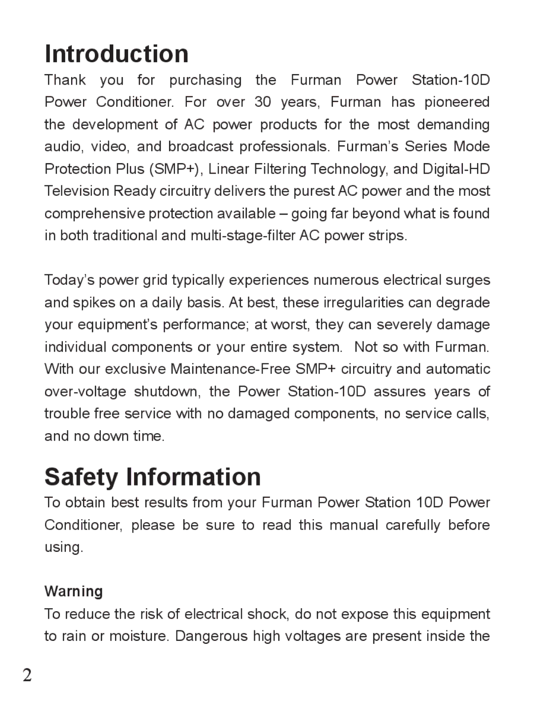 Furman Sound PST-10D owner manual Introduction, Safety Information 