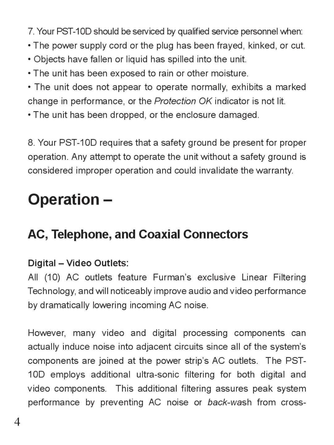 Furman Sound PST-10D owner manual Operation, Digital Video Outlets 