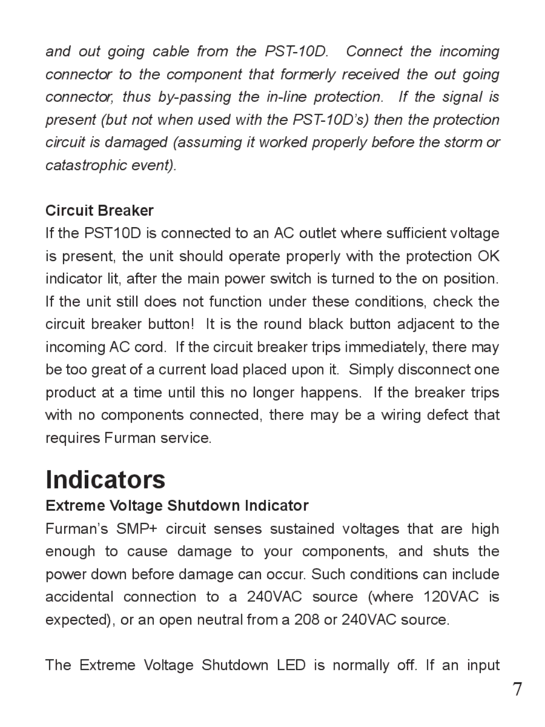 Furman Sound PST-10D owner manual Indicators, Circuit Breaker, Extreme Voltage Shutdown Indicator 