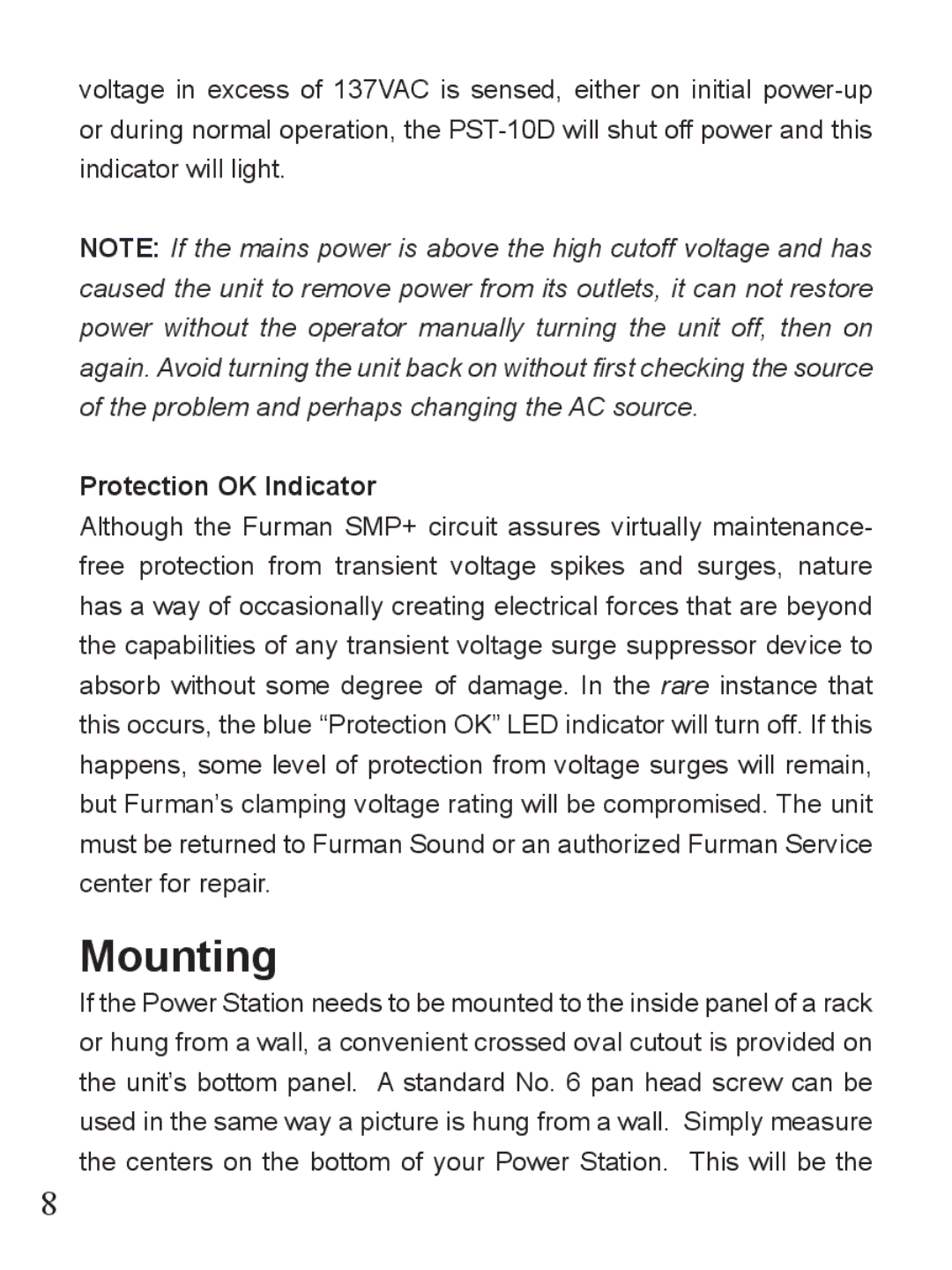 Furman Sound PST-10D owner manual Mounting, Protection OK Indicator 