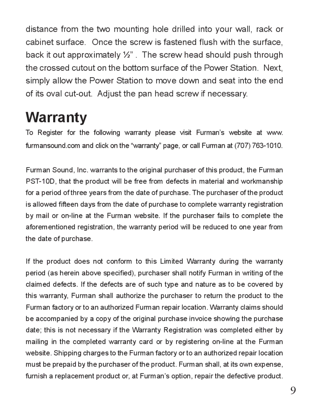 Furman Sound PST-10D owner manual Warranty 