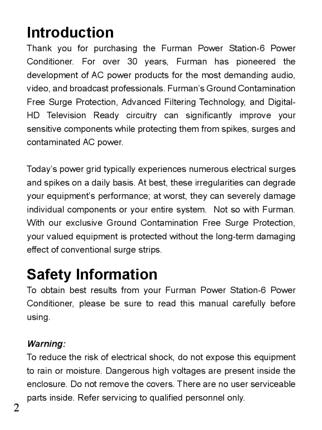 Furman Sound PST-6 owner manual Introduction, Safety Information 