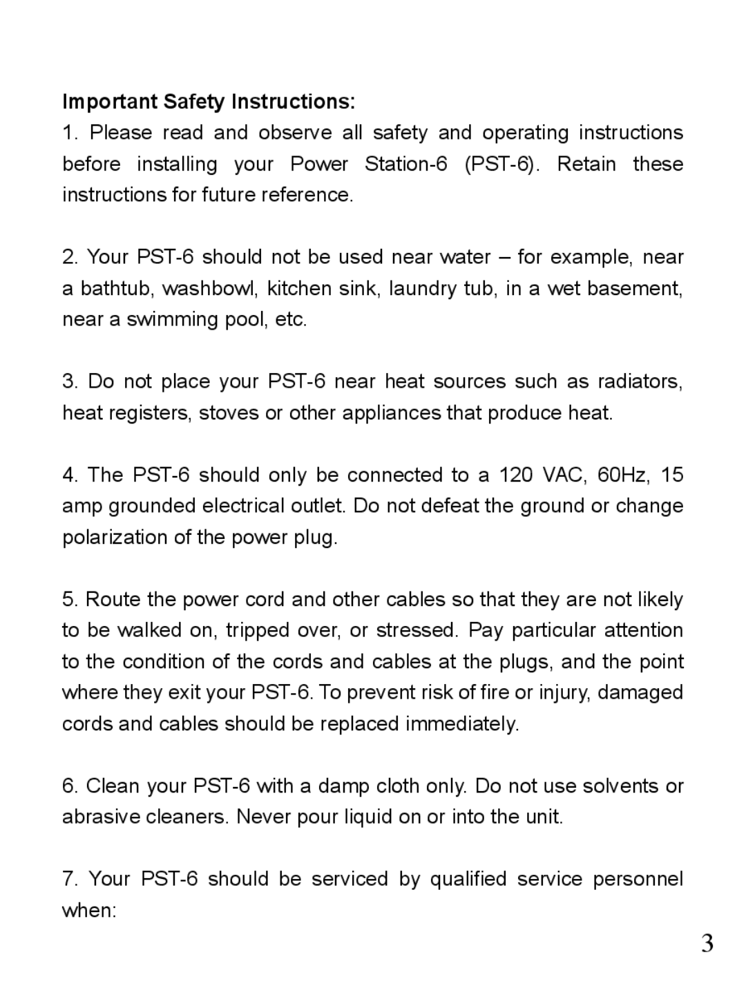 Furman Sound PST-6 owner manual Important Safety Instructions 