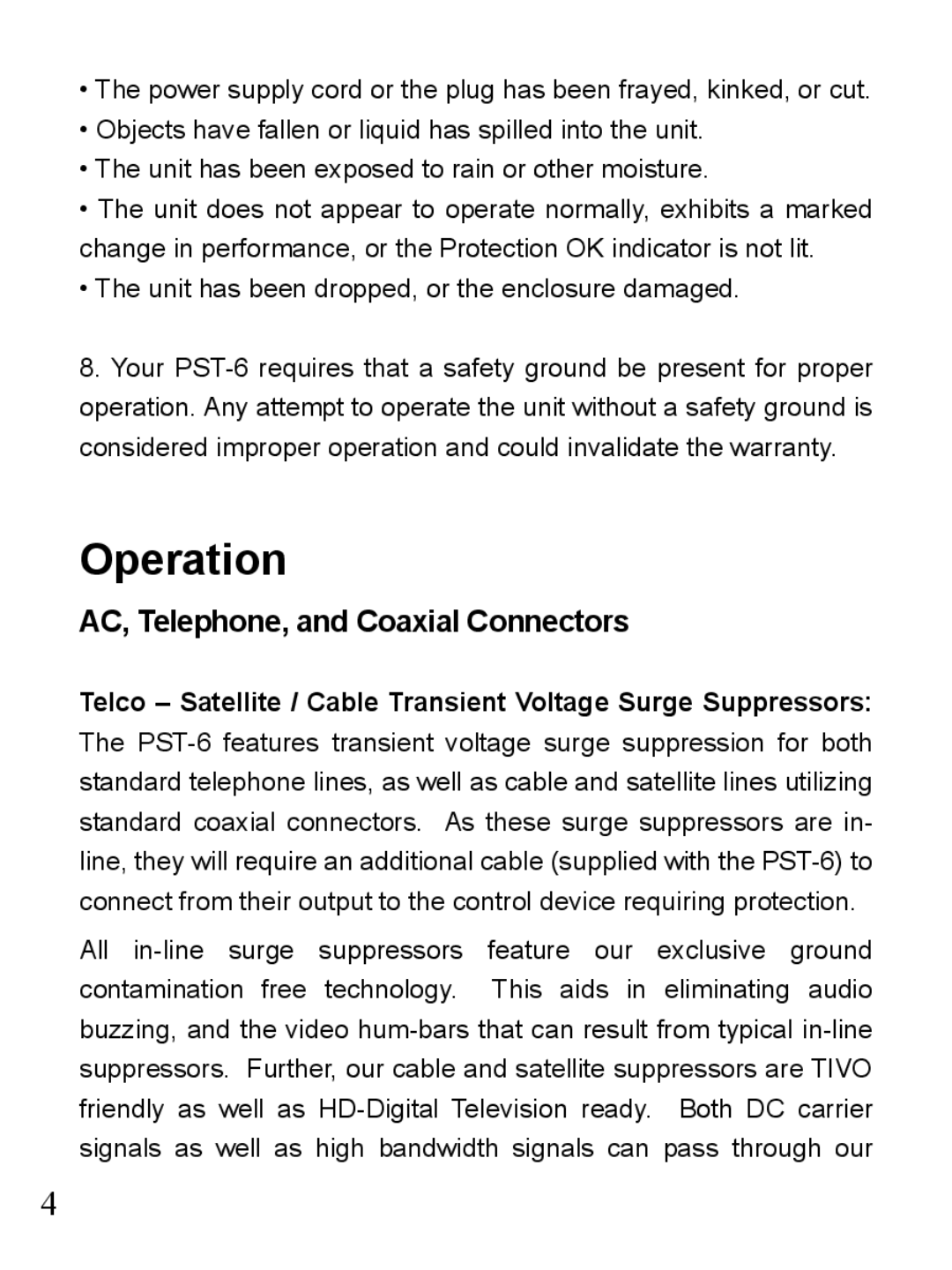 Furman Sound PST-6 owner manual Operation, Telco Satellite / Cable Transient Voltage Surge Suppressors 