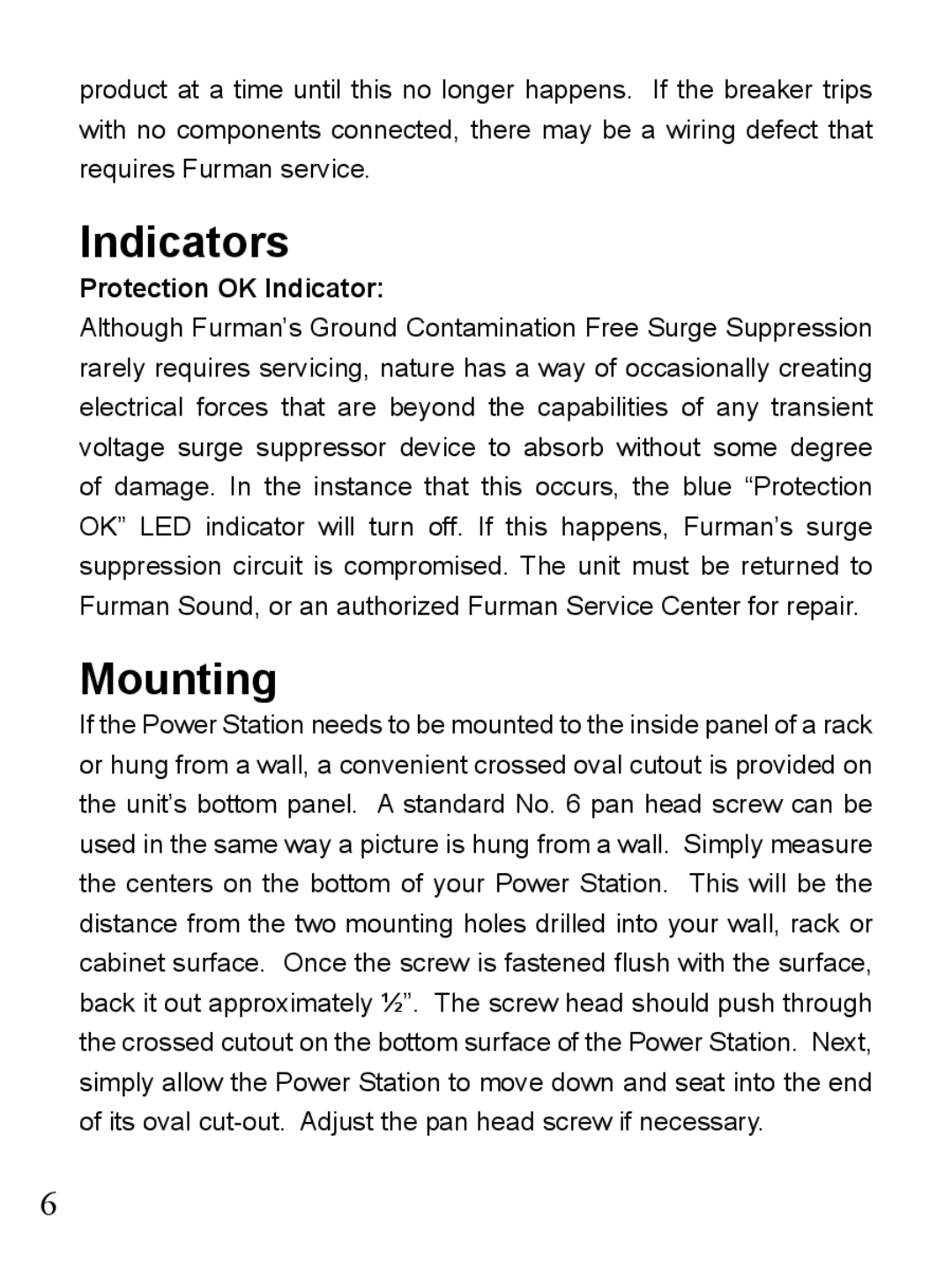 Furman Sound PST-6 owner manual Indicators, Mounting, Protection OK Indicator 