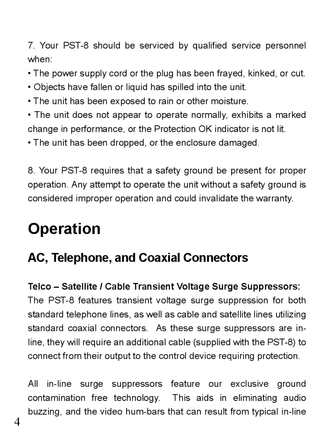 Furman Sound PST-8 owner manual Operation, Telco Satellite / Cable Transient Voltage Surge Suppressors 