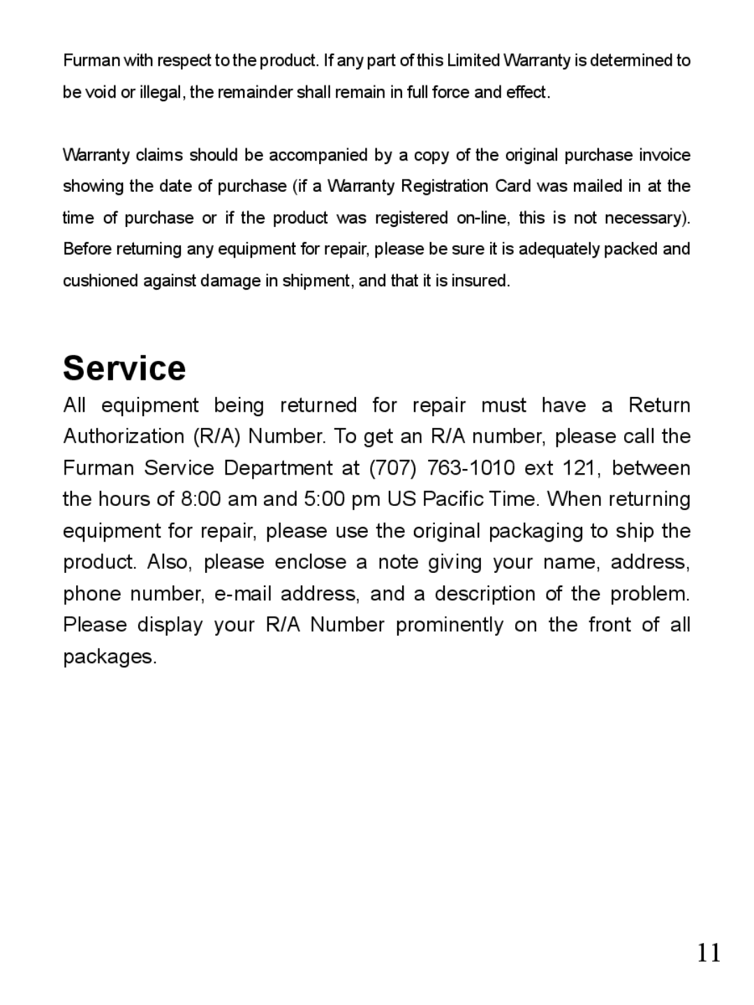 Furman Sound PST-8 owner manual Service 