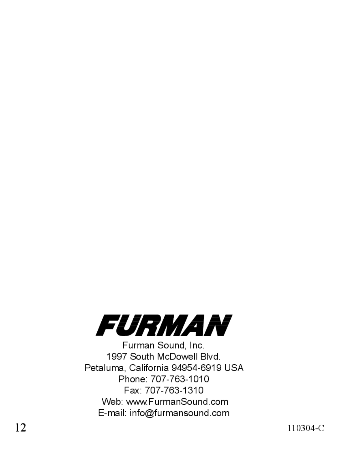Furman Sound PST-8 Furman Sound, Inc, South McDowell Blvd, Petaluma, California 94954-6919 USA, Phone, 110304-C 