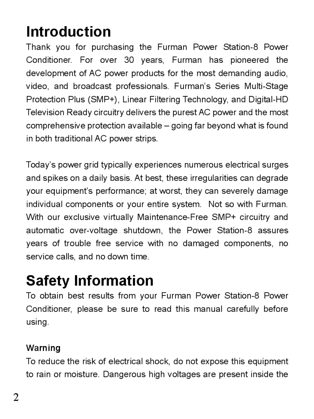 Furman Sound PST-8 owner manual Introduction, Safety Information 
