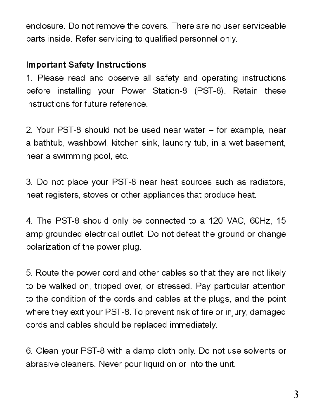 Furman Sound PST-8 owner manual Important Safety Instructions 