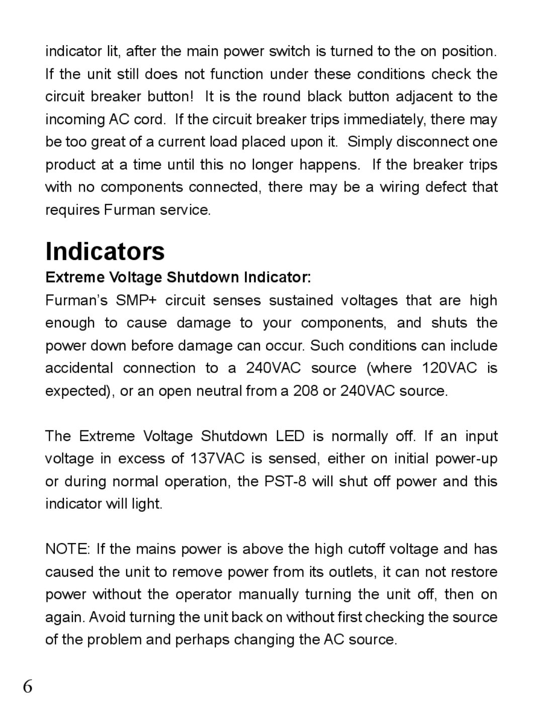 Furman Sound PST-8 owner manual Indicators, Extreme Voltage Shutdown Indicator 