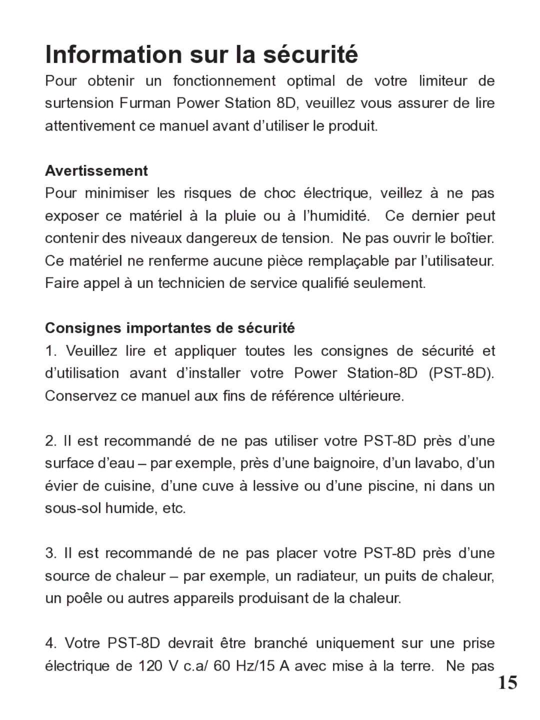 Furman Sound PST-8D owner manual Information sur la sécurité, Avertissement, Consignes importantes de sécurité 