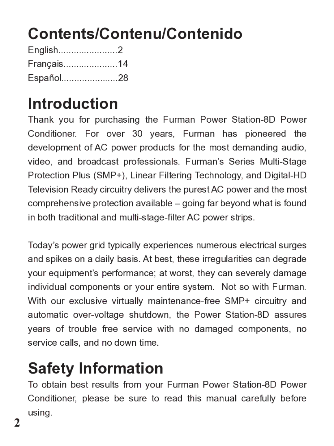 Furman Sound PST-8D owner manual Contents/Contenu/Contenido, Introduction, Safety Information 