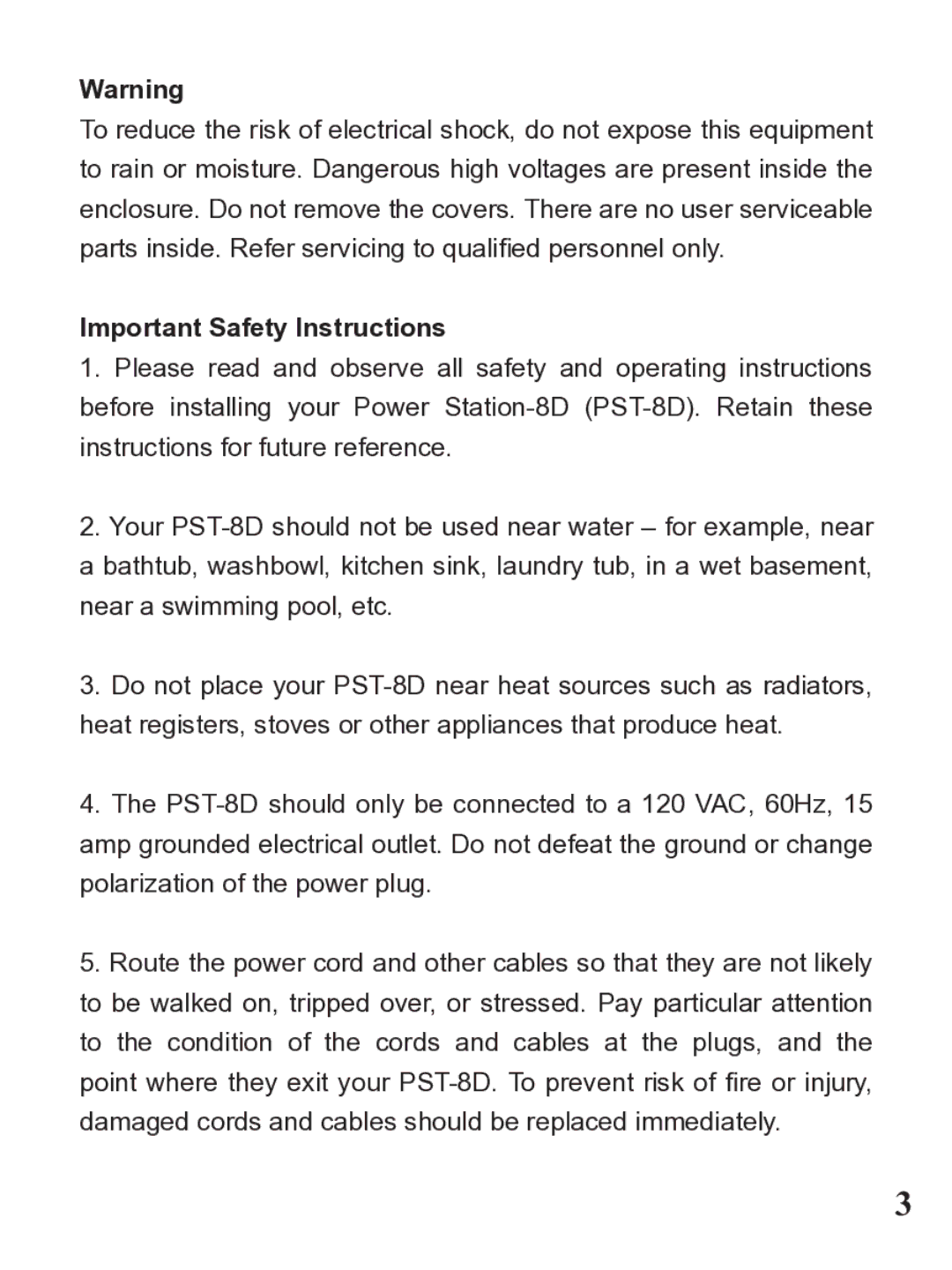 Furman Sound PST-8D owner manual Important Safety Instructions 