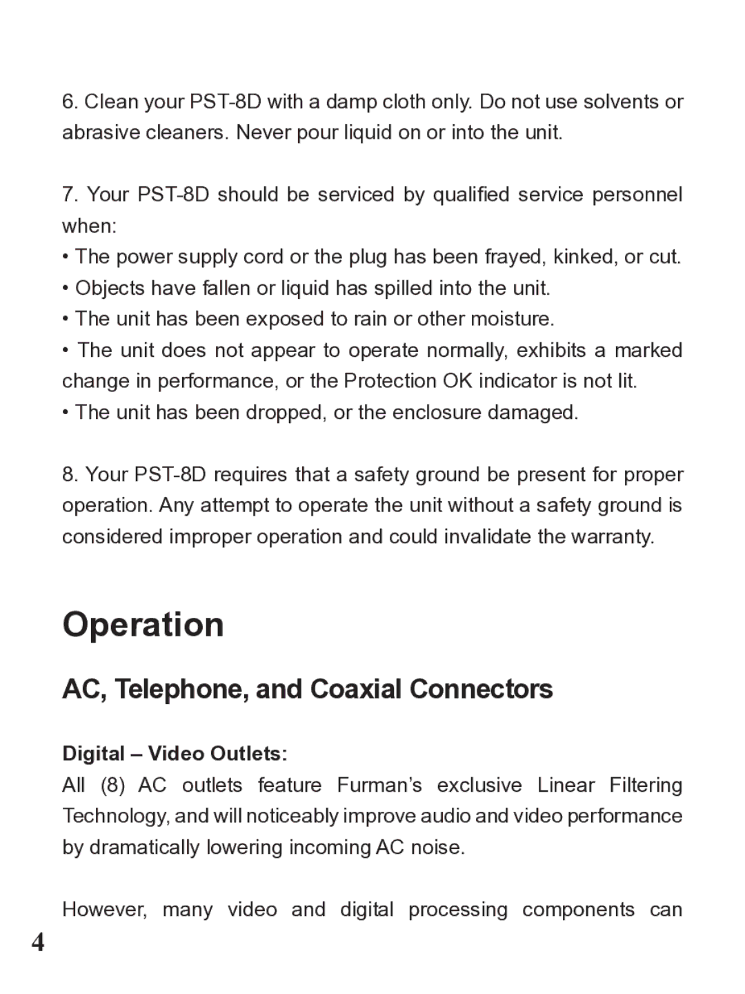 Furman Sound PST-8D owner manual Operation, Digital Video Outlets 