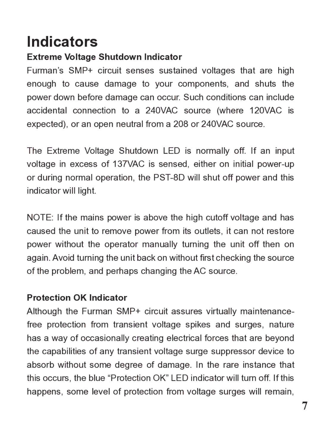 Furman Sound PST-8D owner manual Indicators, Extreme Voltage Shutdown Indicator, Protection OK Indicator 