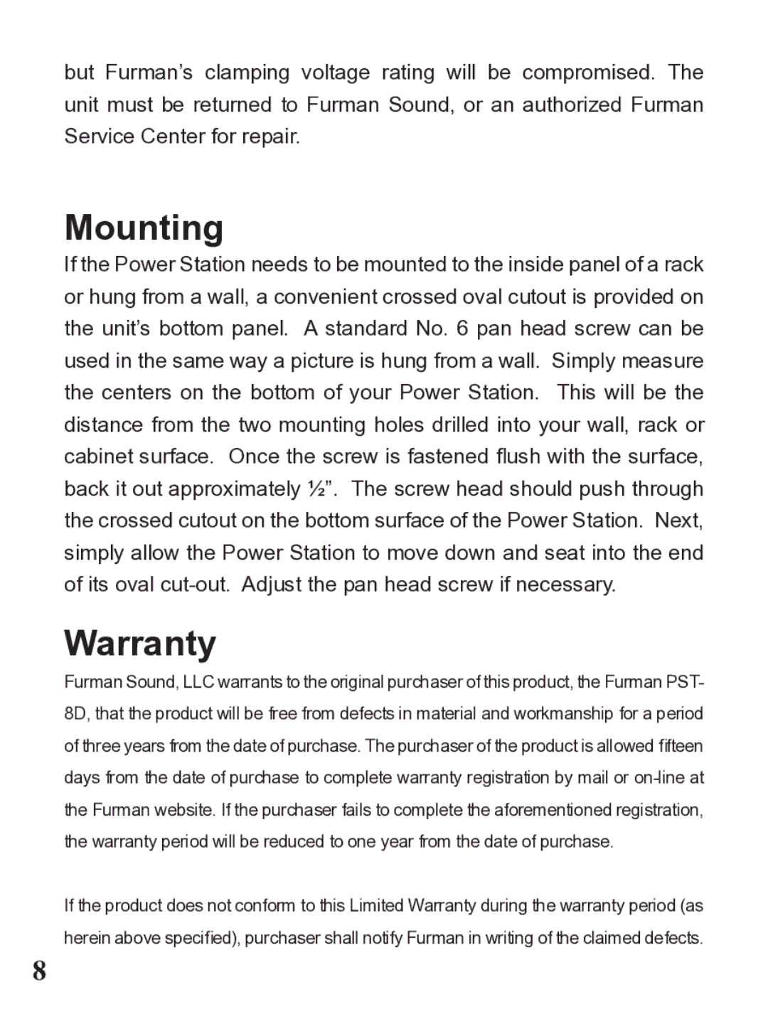 Furman Sound PST-8D owner manual Mounting, Warranty 