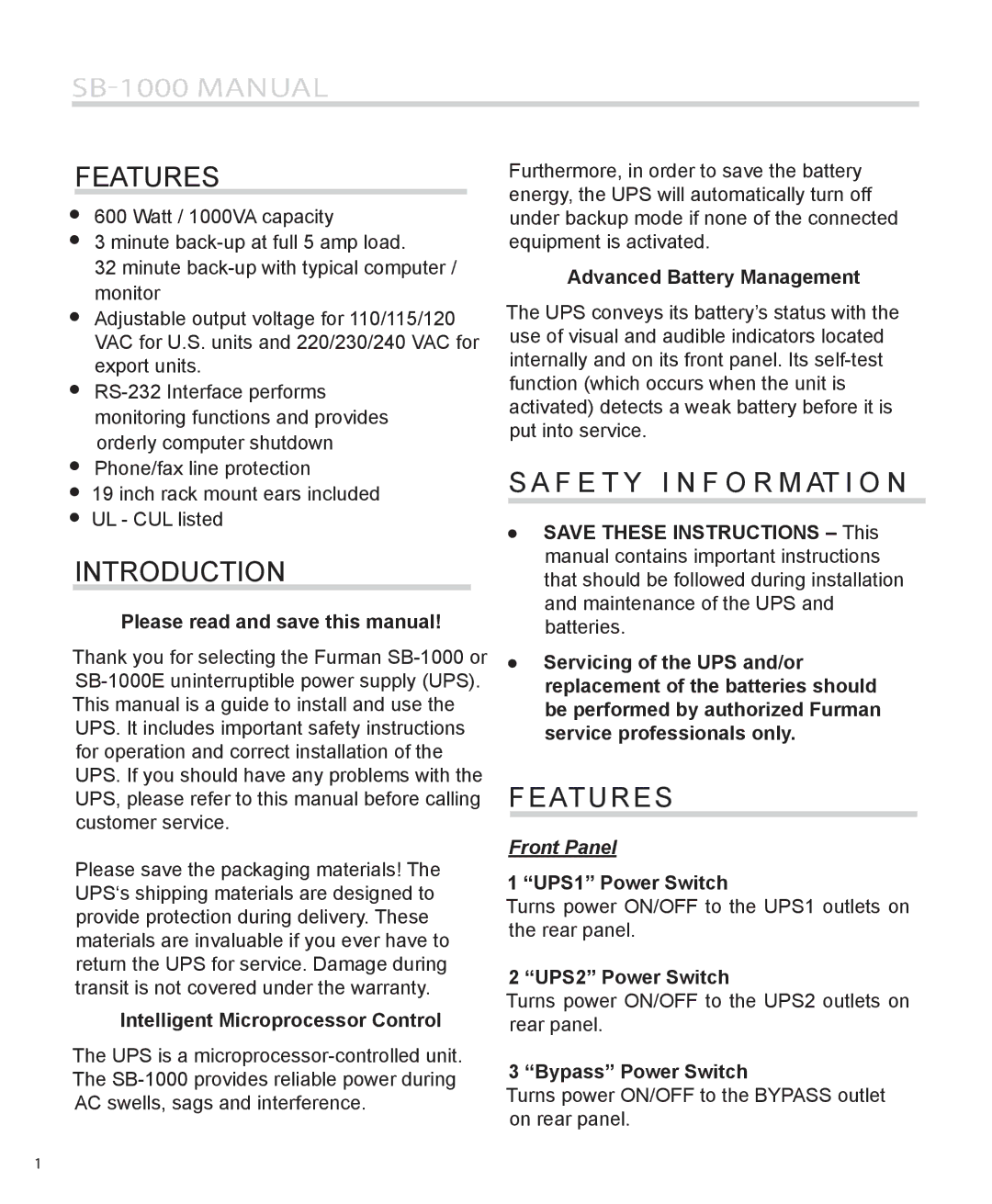 Furman Sound SB-1000 manual Features, Introduction, F E T Y I N F O R M At I O N 