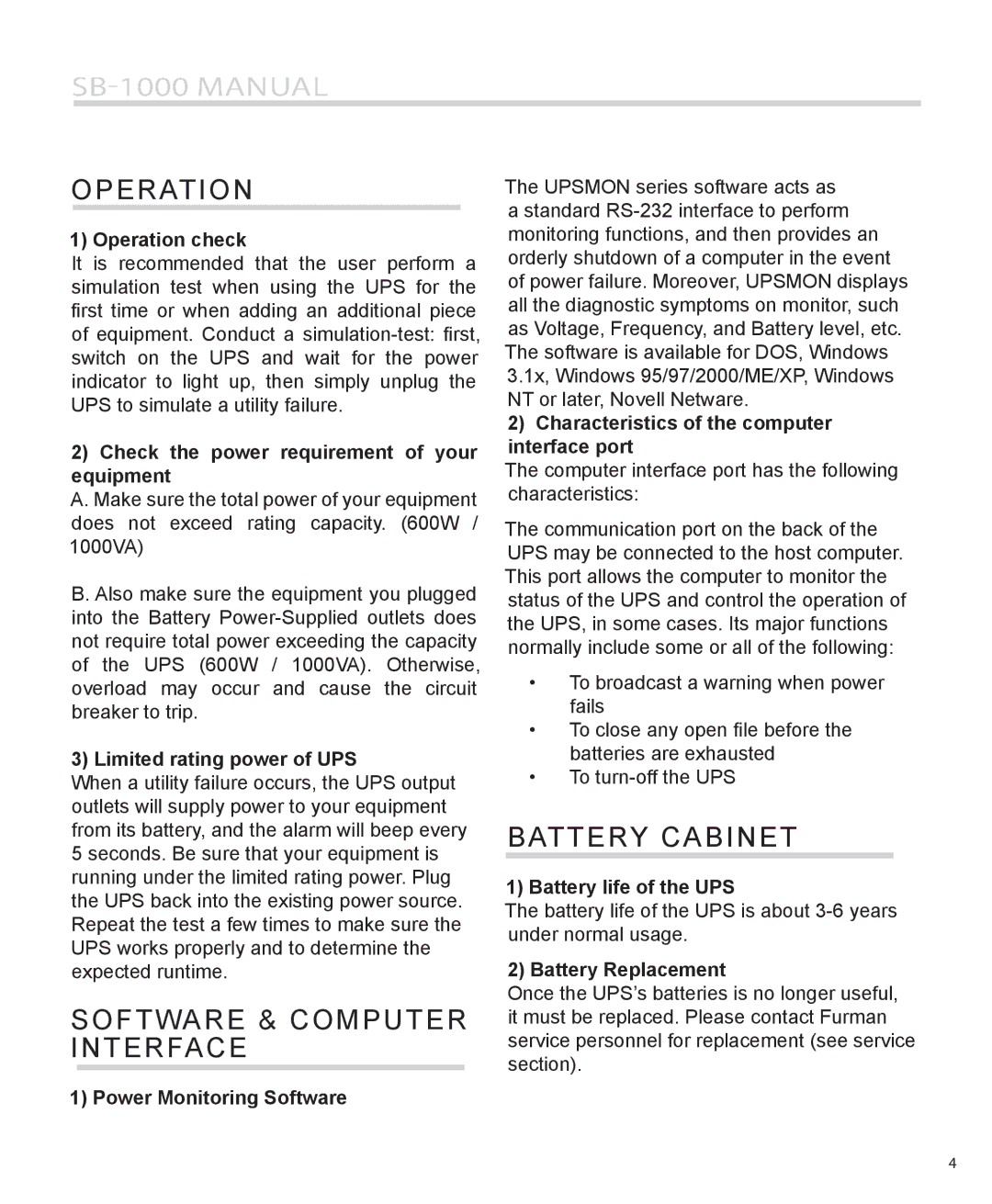 Furman Sound SB-1000 manual Operation, Battery Cabinet, Software & Computer, Interface 