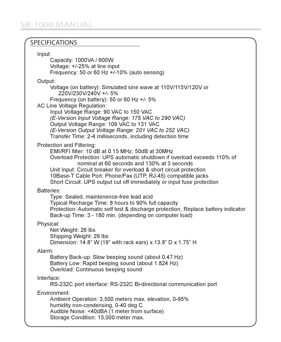 Furman Sound SB-1000 manual Specifications 