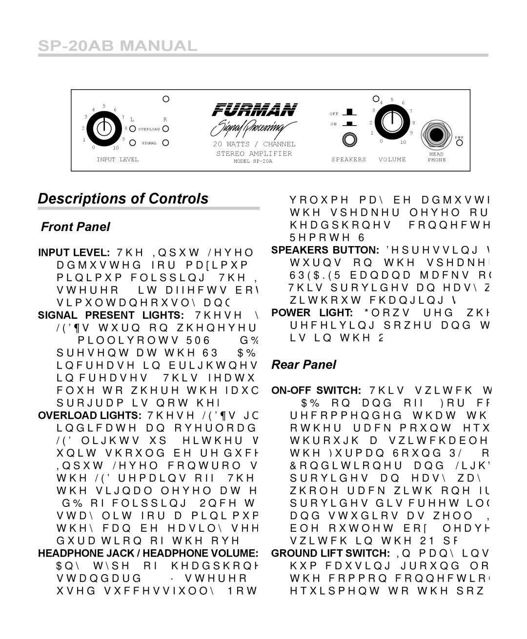 Furman Sound SP-20ABE manual Descriptions of Controls, Front Panel 