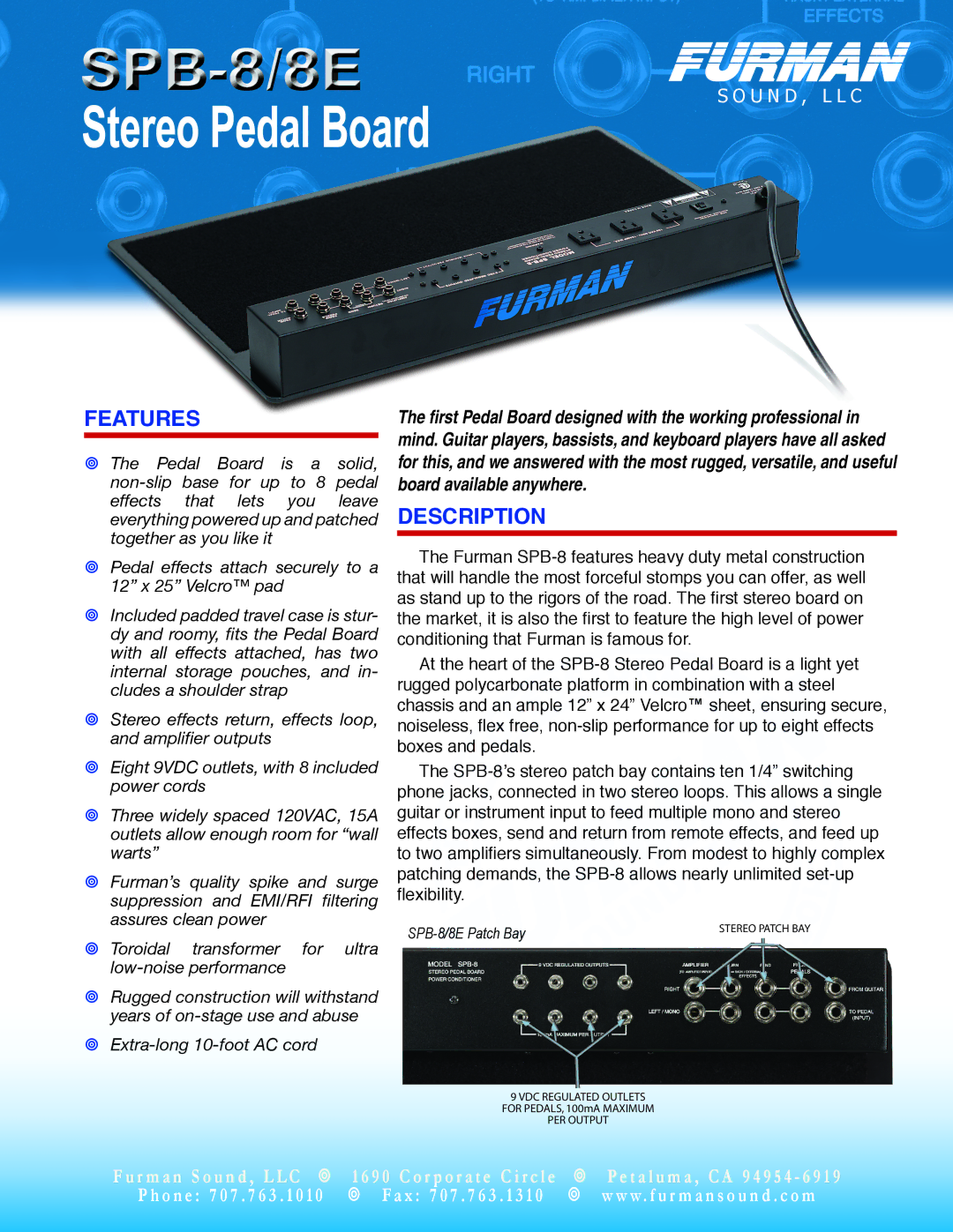 Furman Sound SPB-8/8E manual Features, Description 