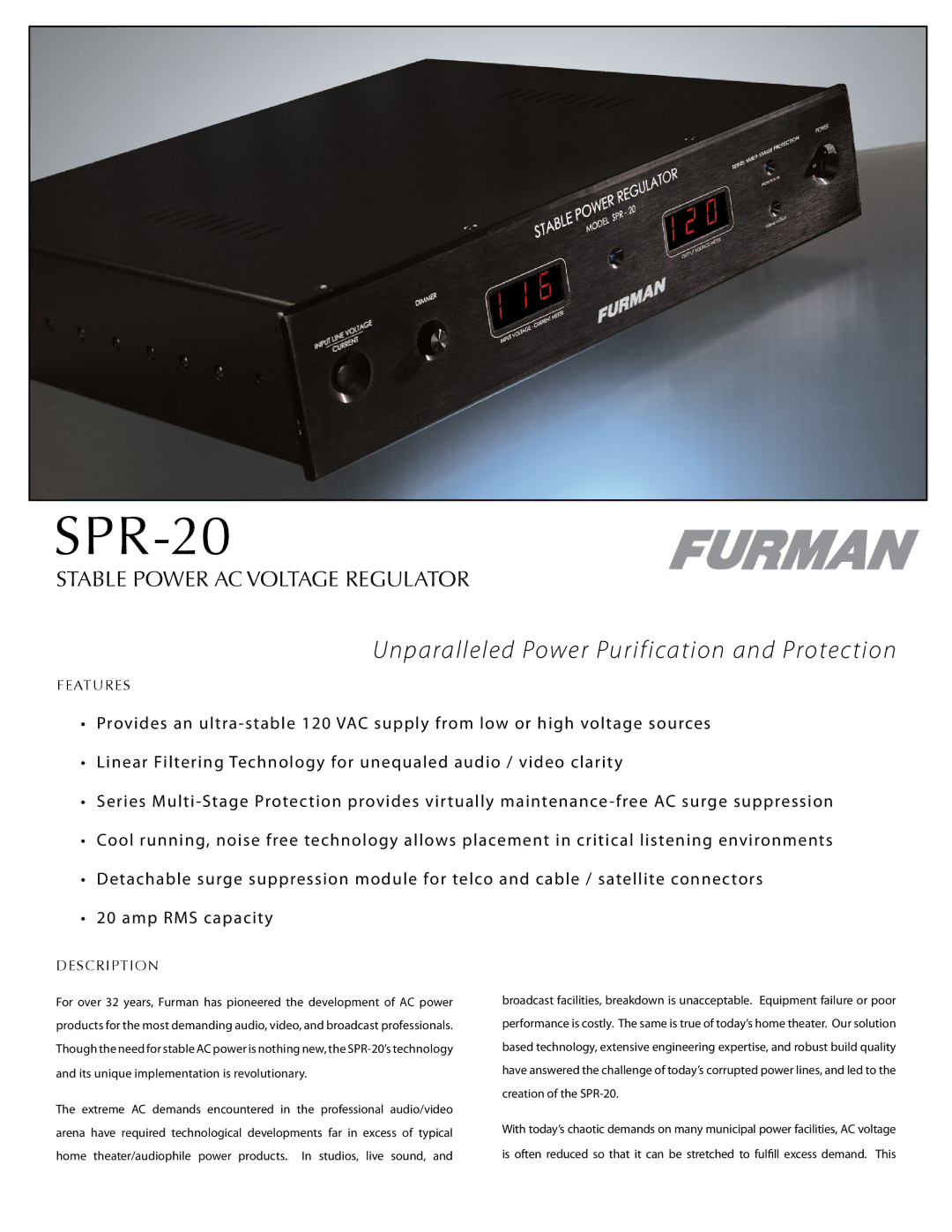 Furman Sound SPR-20 manual Eatures, Description 