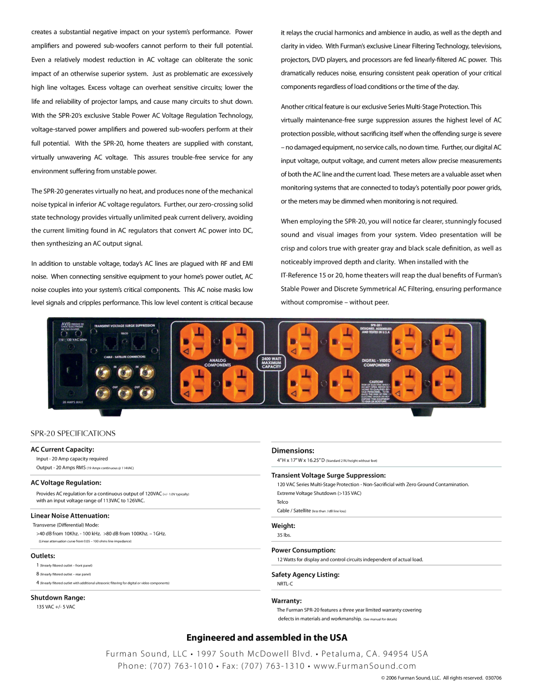 Furman Sound manual SPR-20 Specifications 