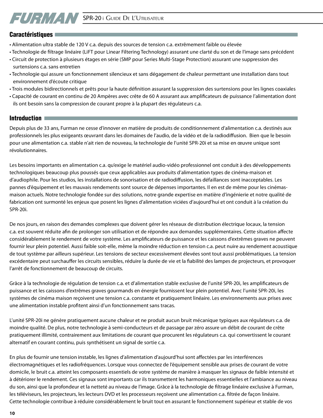 Furman Sound SPR-20i owner manual Caractéristiques, Introduction 