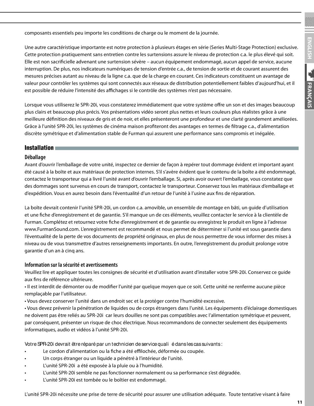 Furman Sound SPR-20i owner manual Installation Déballage, Information sur la sécurité et avertissements 