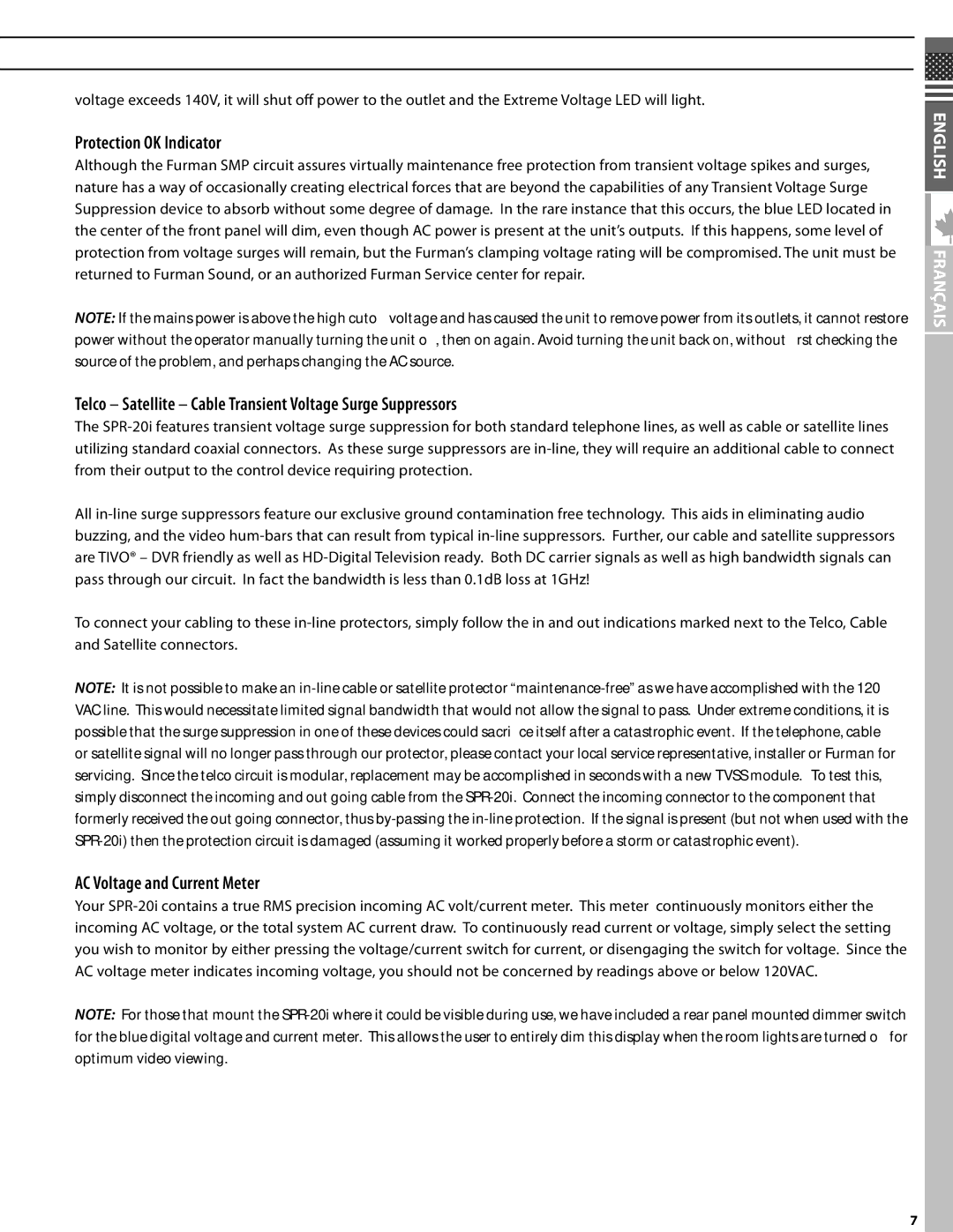 Furman Sound SPR-20i owner manual Protection OK Indicator, Telco Satellite Cable Transient Voltage Surge Suppressors 