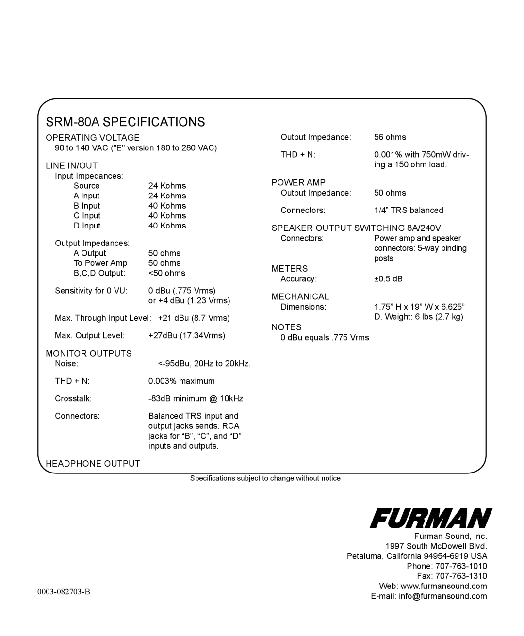 Furman Sound owner manual SRM-80A Specifications 