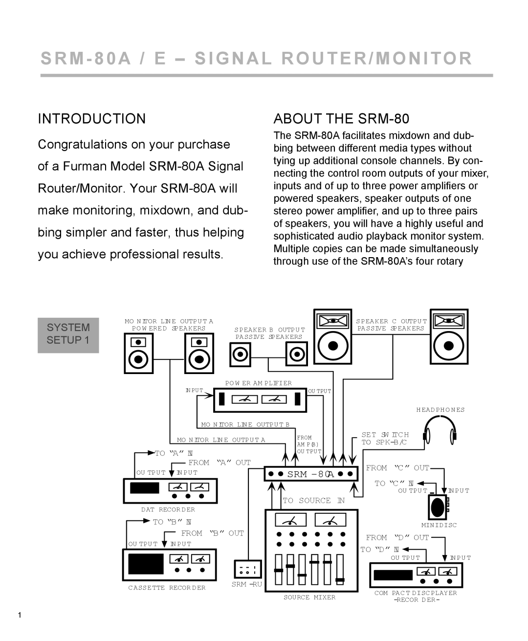 Furman Sound SRM-80A owner manual Introduction, About the SRM-80 