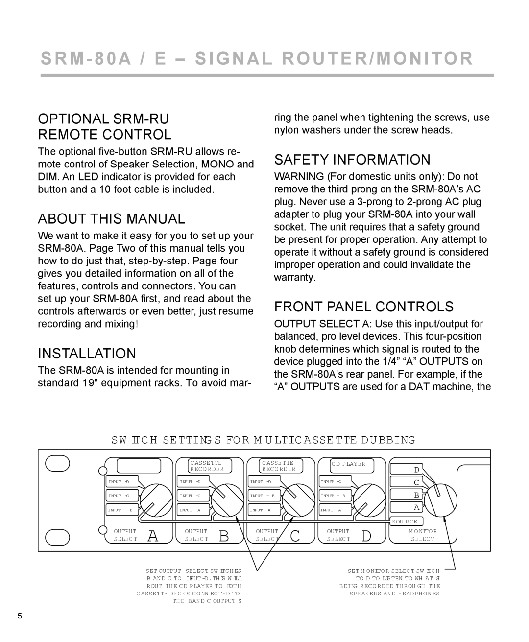 Furman Sound SRM-80A owner manual Optional SRM-RU Remote Control, About this Manual, Installation 