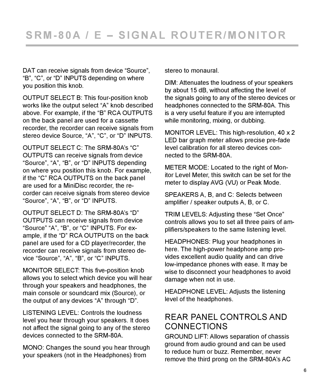 Furman Sound SRM-80A owner manual Rear Panel Controls and Connections 