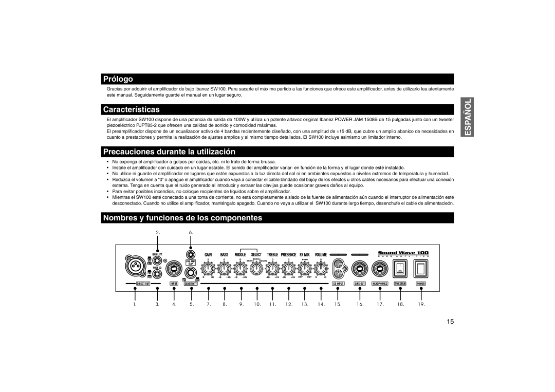 Furuno 100 Prólogo, Características, Precauciones durante la utilización, Nombres y funciones de los componentes, Español 