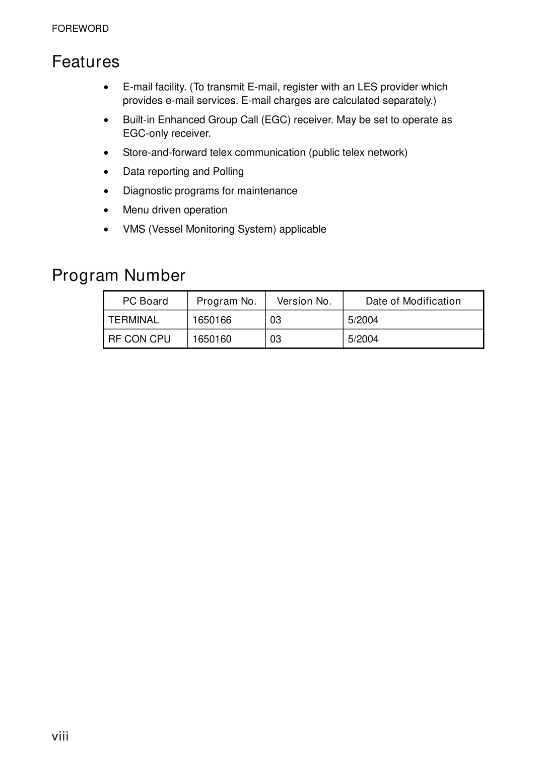 Furuno 16 manual Features, Program Number, Viii, PC Board Program No Version No Date of Modification 