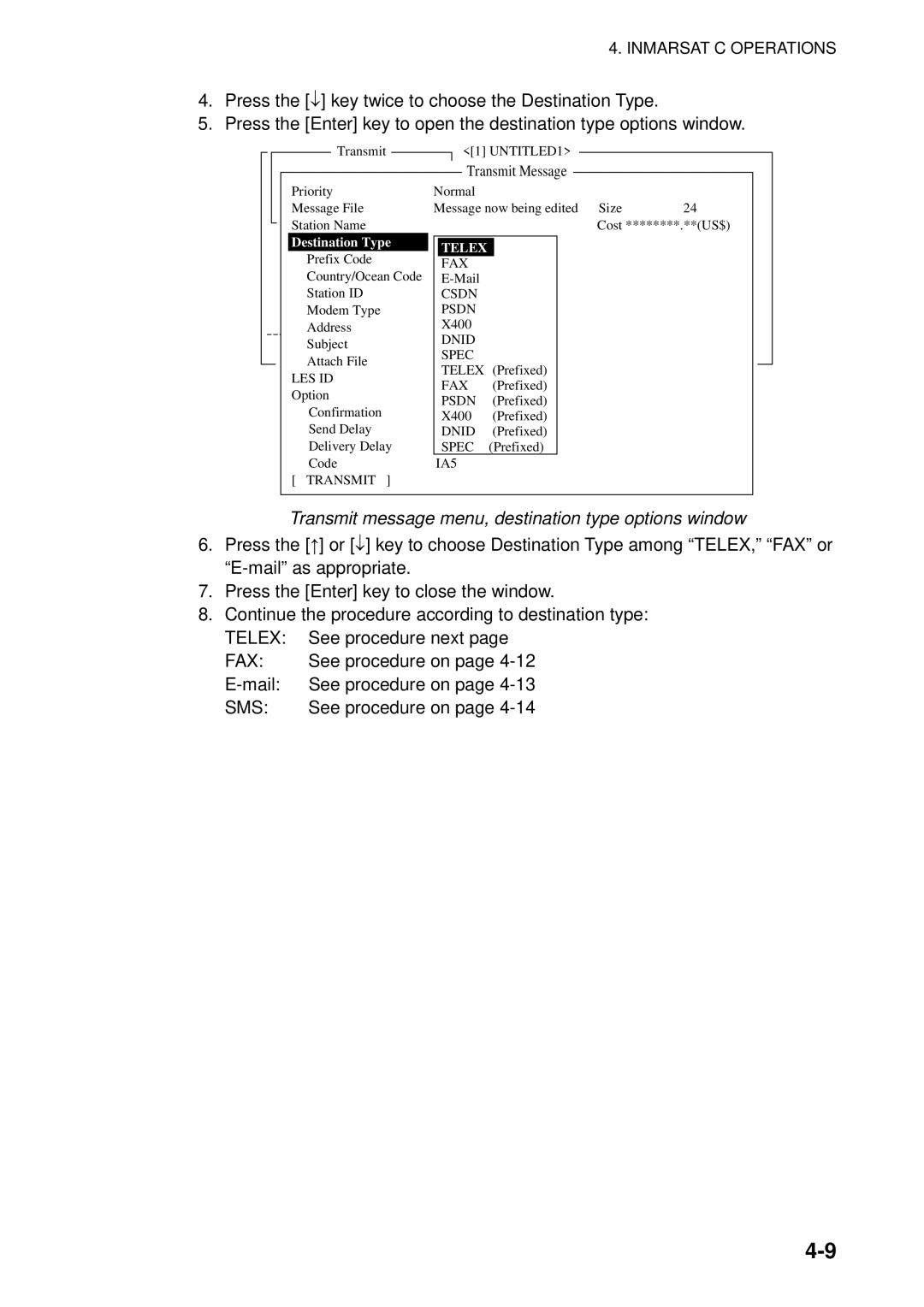 Furuno 16 Transmit message menu, destination type options window, See procedure next, See procedure on, Destination Type 