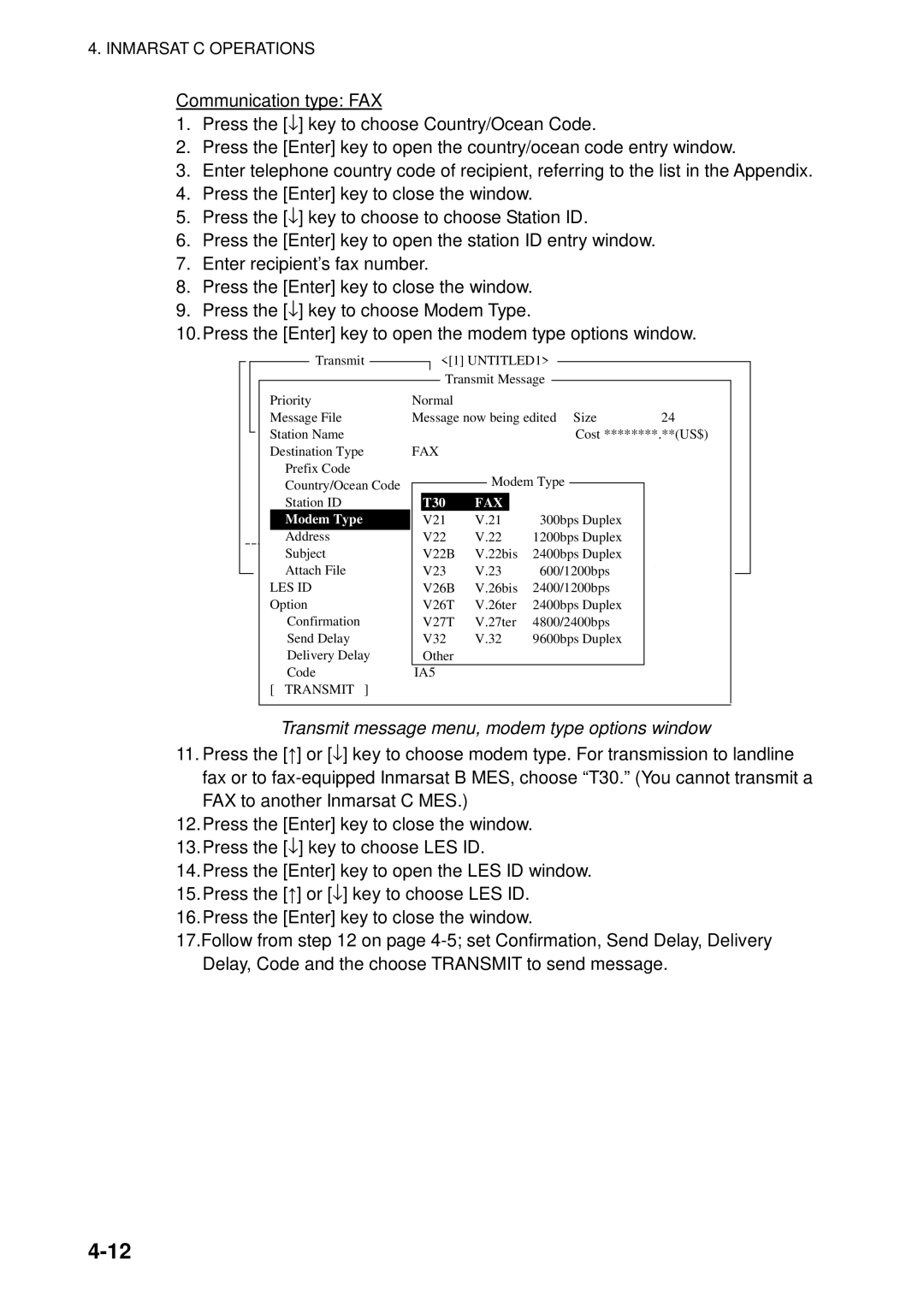 Furuno 16 manual Transmit message menu, modem type options window, Modem Type 