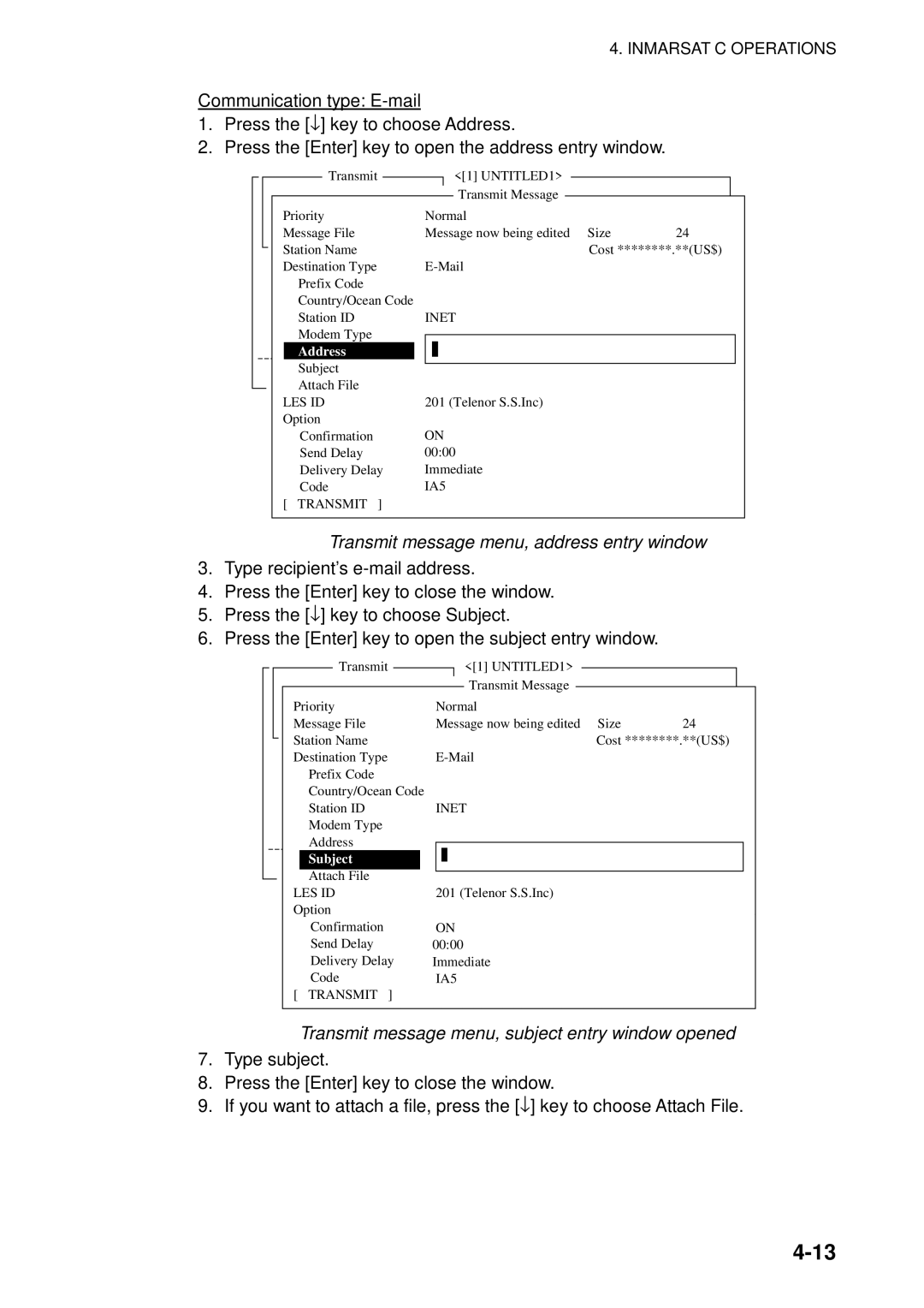 Furuno 16 manual Transmit message menu, address entry window, Transmit message menu, subject entry window opened, Address 