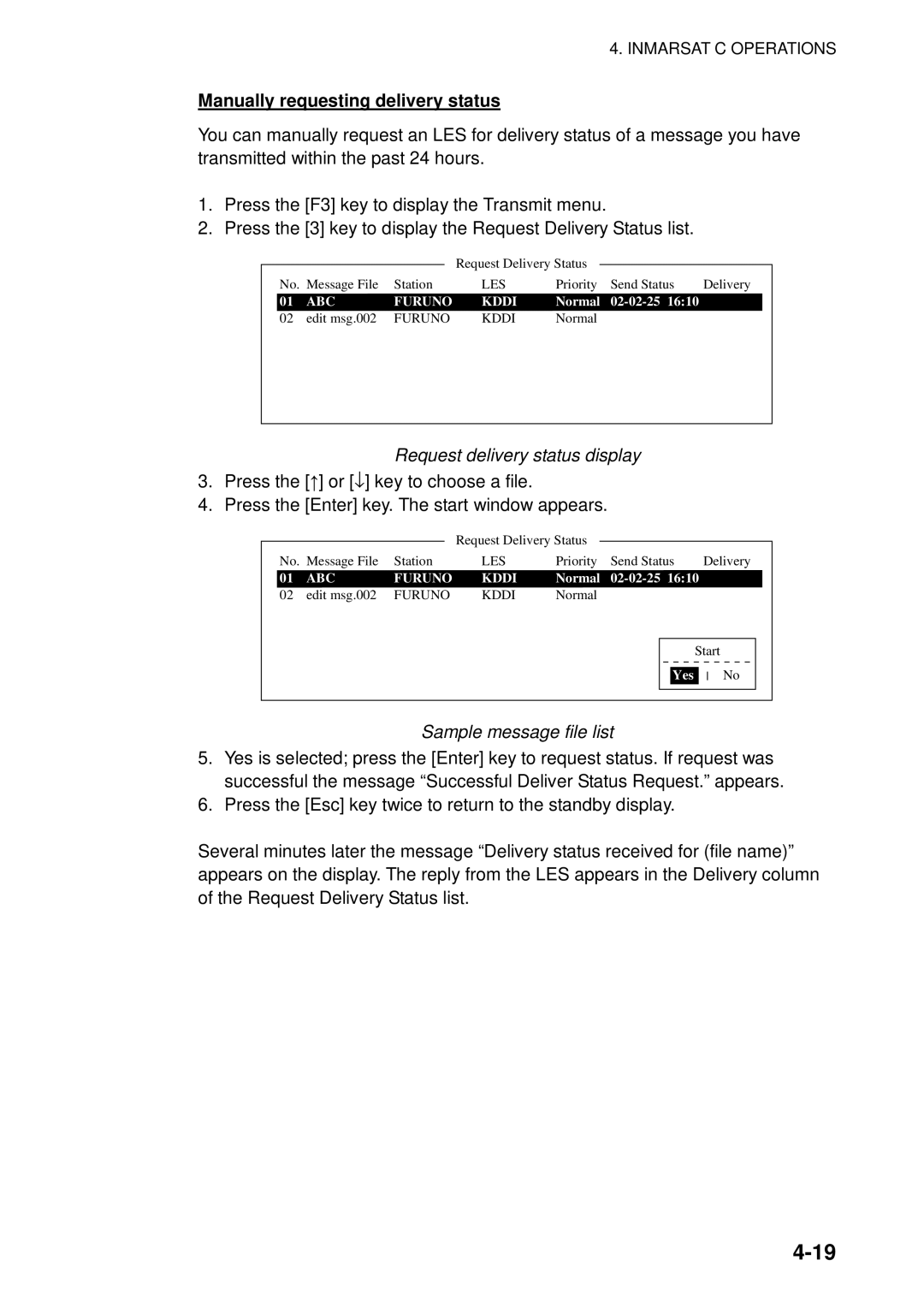 Furuno 16 Manually requesting delivery status, Request delivery status display, Sample message file list, Normal 02-02-25 